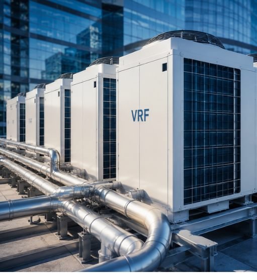 Condensadoras VRF modulares instaladas na cobertura de um edifício comercial